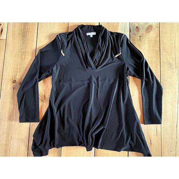 Womens Chaus Long Sleeve Tunic Top Liquid Knit Black Edgy Blouse Stretch Sz XL - Picture 1 of 9